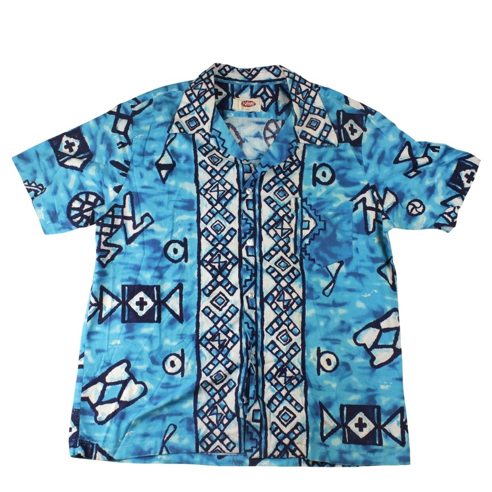 Vintage Pomare Hawaii Aloha Shirt XL Blue Tribal‎ Geometric Print Made Hawaii